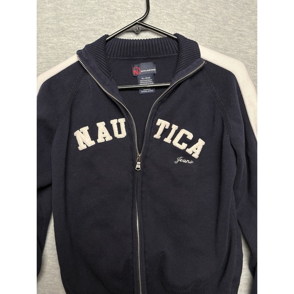 Vintage Nautica Jeans  Navy Embroidered Spellout Knit Zip Up Track Men Medium - Picture 1 of 8